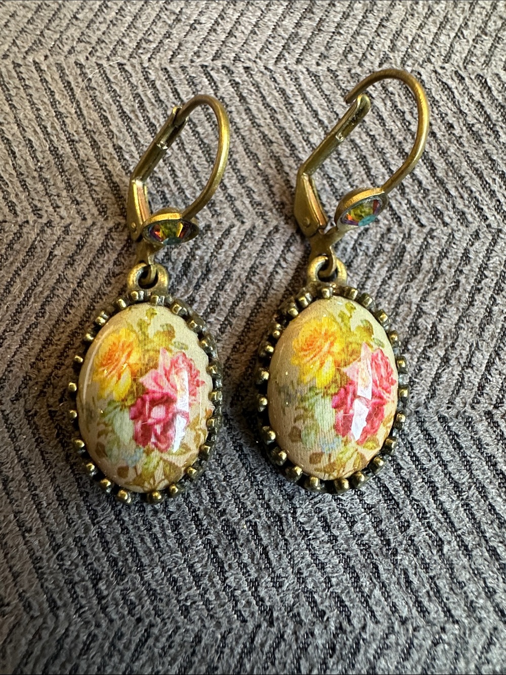 Michal Negrin Vintage Floral Oval Drop Earrings - Pink & Yellow Roses